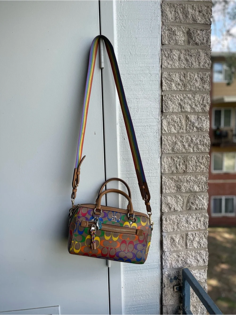 Coach Multicolor crossbody Rainbow Signature Bag in Tan with Leather Trim